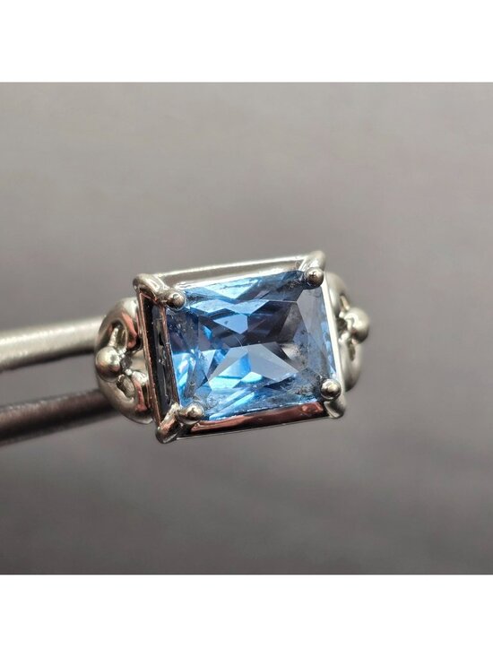 Signed Jewelry - Vintage Sterling Silver Blue Topaz Ring Size 6 Emerald Cut Statement Piece Signe